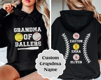 Aangepaste honkbal- en softbal oma hoodie, gepersonaliseerd sweatshirt met naam kleinkinderen, seizoen honkbal, wedstrijddag trui voor oma