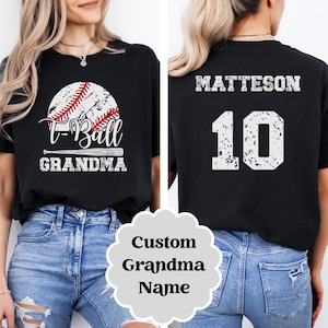 T-shirt de grand-mère T-Ball personnalisé, Nom et numéro personnalisés, Saison du tee-ball, T-shirt pour le jour du match de T-ball, Cadeaux pour grand-mère sportive, Assortiment familial