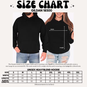 Peut inclure: Tableau des tailles de sweat &agrave; capuche unisexe noir, avec mesures en pouces. Le tableau comprend les tailles S &agrave; 5XL, avec une largeur allant de 50,8 &agrave; 86,4 cm et une longueur de 68,6 &agrave; 86,4 cm. Le sweat &agrave; capuche Gildan 18500 est pr&eacute;sent&eacute;.