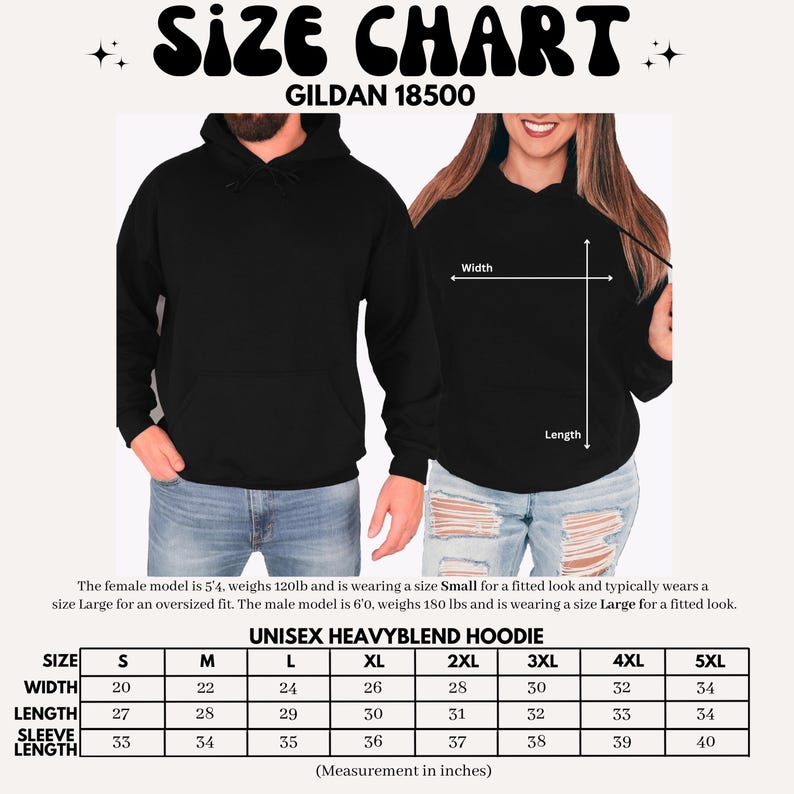 Peut inclure: Tableau des tailles de sweat &agrave; capuche unisexe noir, avec mesures en pouces. Le tableau comprend les tailles S &agrave; 5XL, avec une largeur allant de 50,8 &agrave; 86,4 cm et une longueur de 68,6 &agrave; 86,4 cm. Le sweat &agrave; capuche Gildan 18500 est pr&eacute;sent&eacute;.
