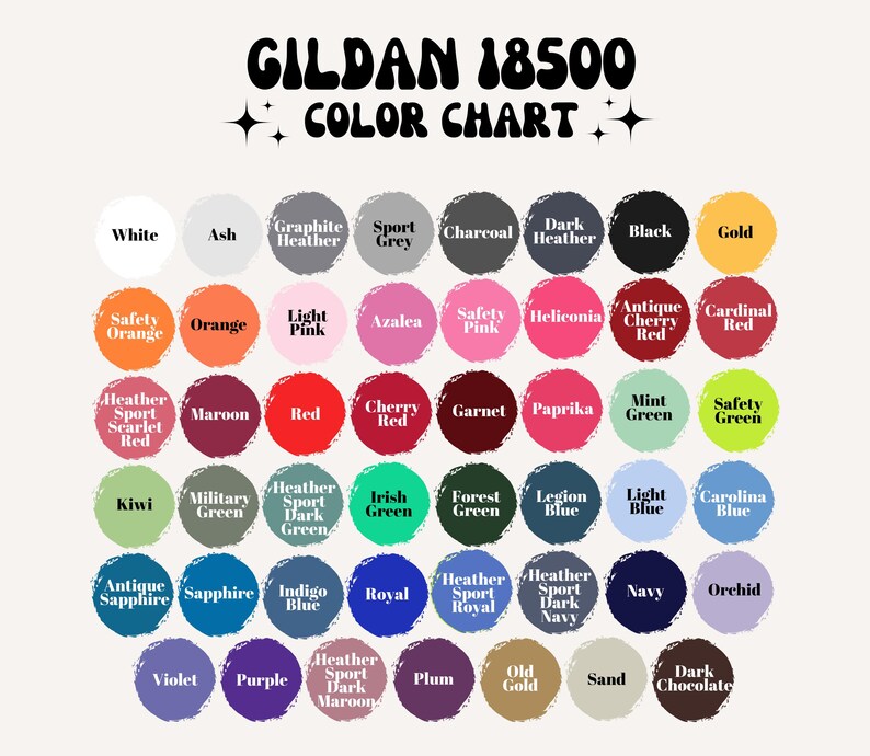 Peut inclure: Un nuancier pour les v&ecirc;tements Gildan 18500, pr&eacute;sentant une vari&eacute;t&eacute; de couleurs. Le nuancier comprend des teintes comme le blanc, le noir, l'or, le rouge, le bleu, le vert et le violet. Le texte "NUANCIER" est affich&eacute; en haut.