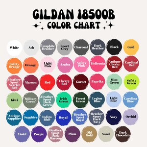 May include: A Gildan 18500B colour chart featuring forty-eight circular paint swatches in various shades. Each swatch is labelled with its corresponding colour name, including white, ash, graphite heather, sport grey, charcoal, black, gold, and many others.
