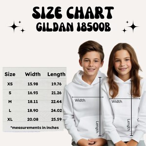 May include: A size chart for the Gildan 18500B hoodie, featuring a table with width and length measurements in inches for sizes XS through XL. The chart is displayed next to two white hooded sweatshirts, each with lines indicating how to measure width and length.