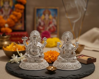 Ídolos de Laxmi Ganesh bañados en plata – 2 pulgadas, Diwali Puja, Mandir del hogar, Regalo