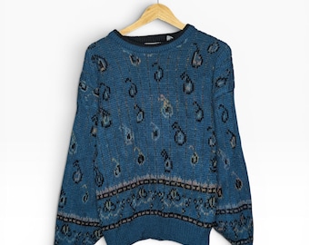 Vintage 90er Jahre Strickpullover Western Paisley Print Size Large Indie Teal