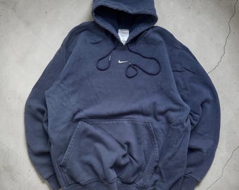 Moletom com capuz Nike Swoosh central vintage Y2K azul marinho masculino tamanho médio liso minimalista esportivo