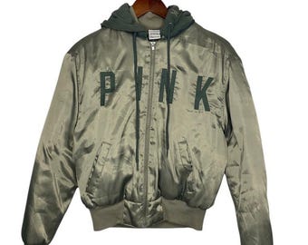 Y2K Green PINK By Victoria's Secret Satin Bomber Jacket Removable Hood XS