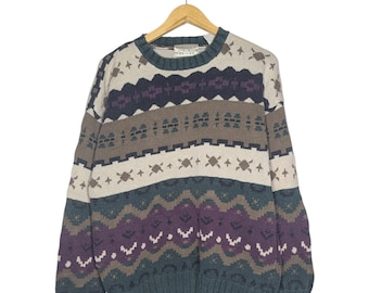Vintage 90s Woods & Gray Chunky Grandpa Sweater Nautical Geometric Size Medium
