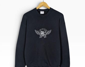 Jersey de cuello redondo con bordado de Mickey Mouse estilo años 90, talla M, holgado, negro, grunge, skater.