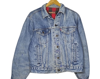 Vintage 80s Levis 70411 0816 Flannel Lined Denim Trucker Jacket Size Mens Medium