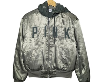 Y2K Pink by Victoria's Secret Green Bomber jacket Military Inspired Size XS Cropped Style Full Zip Hooded