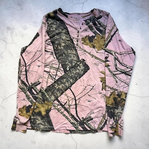 Y2K Pink Mossy Oak Camo Longsleeve Henley T-shirt Womens Large Gorpcore Forest image 1