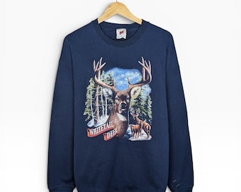 Vintage 90er Jahre Weißwedelhirsch Grafik Rundhalspullover Herren Größe XXL Granola Waldweg Erbe Granola Camping Rundhalssweatshirt