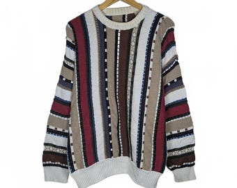 Sweter z dzianiny w stylu vintage lat 90., 3D Coogi, rozmiar męski, XL, teksturowany, abstrakcyjny, okrągły dekolt