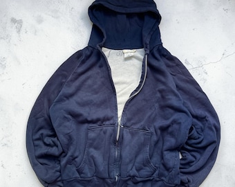 Vintage jaren 1980 thermisch gevoerde hoodie met rits marineblauwe middelzware herentrui