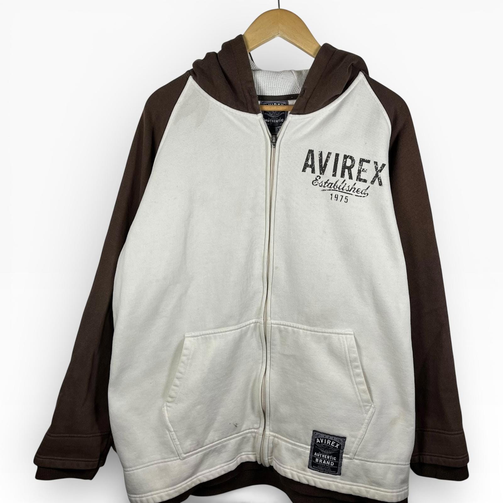 Vintage Y2K Avirex Zip Up Hoodie Thermal Lined Mens XL White Brown Skater Retro