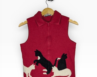Cute Vintage 100% Wool Cat Zip Up Vest Kitten Patches Womens Small Grandmacore