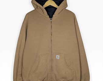 Felpa vintage anni '90 marrone Carhartt con giacca, fodera termica e zip intera, taglia XL