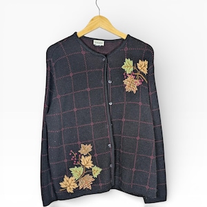 Vintage 90s Fall Knit Grandmacore Cardigan Sweater Cottage Core Maple Leafs XL
