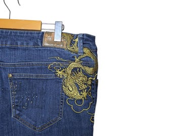 Y2K Southpole Dragon Embroidered Capri Jeans Womens 18 Baggy Skater Denim 38x21