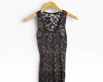 Top sin mangas de malla floral estilo Y2K, talla pequeña, transparente, BKE Skater Grunge Marrón Whimsigoth
