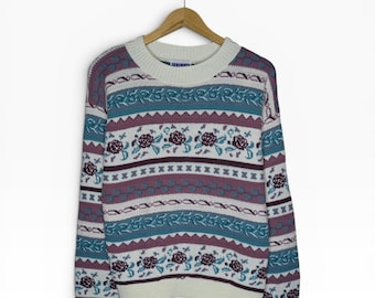 Suéter vintage dos anos 90, estilo anos 90, com estampa floral, tamanho G feminino, estilo cottage core, tricô estilo vovó, crochê.