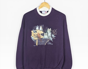 Vintage 90er Jahre Kätzchen und Vögel Natur Rundhals Sweatshirt Cottage Core Müsli Lila Weiß