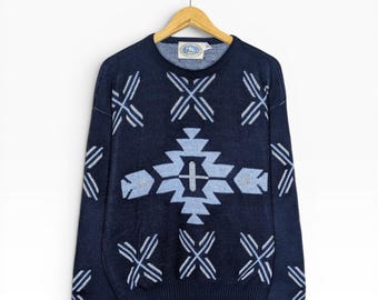 Vintage 90s Western Aztec Knit Pullover Sweater Blue Size Men's large Made in USA