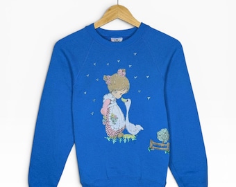 Vintage 90s Cute Girl + Duck Graphic Crewneck Sweater Womens Small Blue Lee