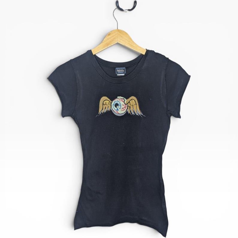 Vintage Y2K Von Dutch Flying Eye Ball Baby Tee Size Small T-Shirt Skater Grunge Black image 1