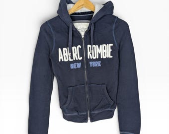 Y2K Abercrombie & Fitch Full Zip Fitted Spellout Hoodie New York Womens Small Preppy Double Zipper