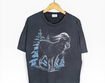 Vintage 80s 90s Black Wolf Graphic Nature T-Shirt Men's XL Forest Moon USA Made