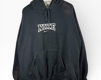 Vintage Y2K bestickter Spellout Swoosh-Logo-Pullover mit Kapuze Sweatshirt Herren XL