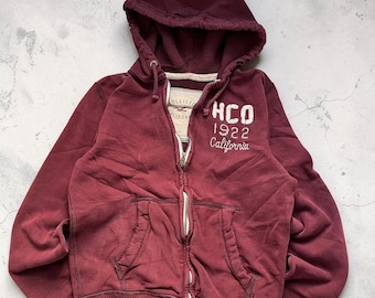 Vintage Y2K Hollister Surf Co. Sweat à capuche épais zippé à capuche thermique pour hommes Grand rouge Retro California Surfwear