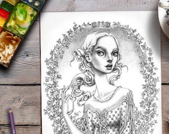 Woman Colouring Page | Grayscale Adult Colouring | Princess