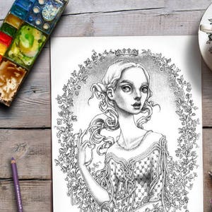 Woman Colouring Page | Grayscale Adult Colouring | Princess