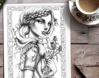 Printable Adult Coloring Page | Grayscale Coloring | Woman | Flowers