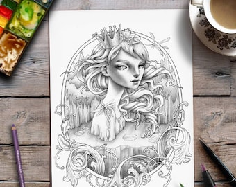 Printable Coloring Page | Grayscale | Frog Prince Fairytale illustration | Zan Von Zed