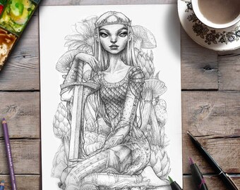 May include: A black and white pencil drawing of a female figure with long hair, wearing a crown and a dress with a chainmail pattern. She is holding a sword and is surrounded by mushrooms and other foliage.