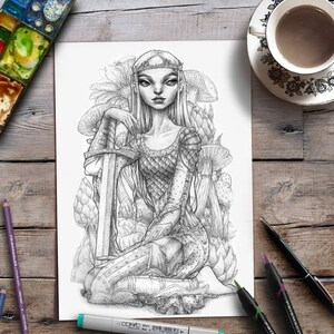 May include: A black and white pencil drawing of a female figure with long hair, wearing a crown and a dress with a chainmail pattern. She is holding a sword and is surrounded by mushrooms and other foliage.