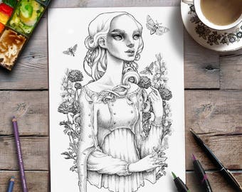 Coloring For Adults | Lady Moths Floral | Grayscale page | Zan Von Zed