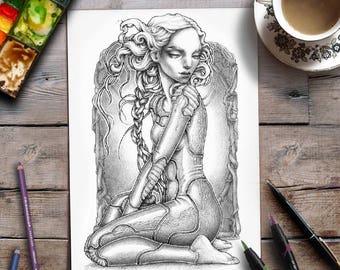 Grayscale Coloring Page | Advanced Coloring | Woman | Science Fiction Space Fantasy