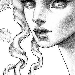 May include: A black and white pencil drawing of a woman's face with long, curly hair. The woman has a soft expression and her eyes are closed.