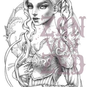 May include: A black and white illustration of a woman with long, flowing hair. She is wearing a dress with a detailed design and a crown on her head. The background is a simple white.