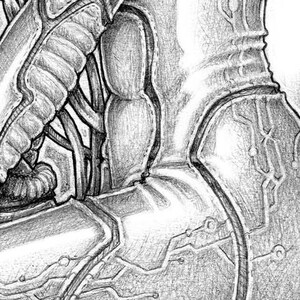 May include: A close-up of a detailed pencil drawing of a futuristic robot leg, showing intricate mechanical details and a textured surface.