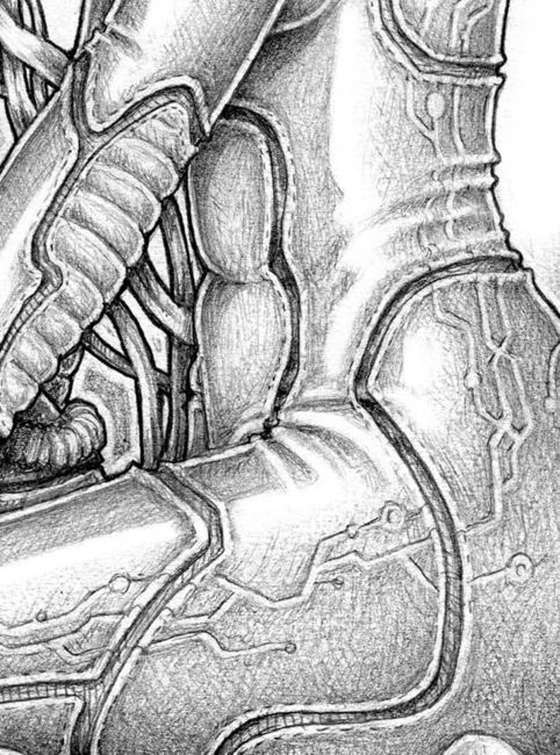 May include: A close-up of a detailed pencil drawing of a futuristic robot leg, showing intricate mechanical details and a textured surface.