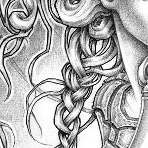 May include: A detailed pencil drawing of a woman's face and hair. The hair is long and braided, with intricate details in the braids. The woman's face is partially obscured by the hair, but her eye and ear are visible.
