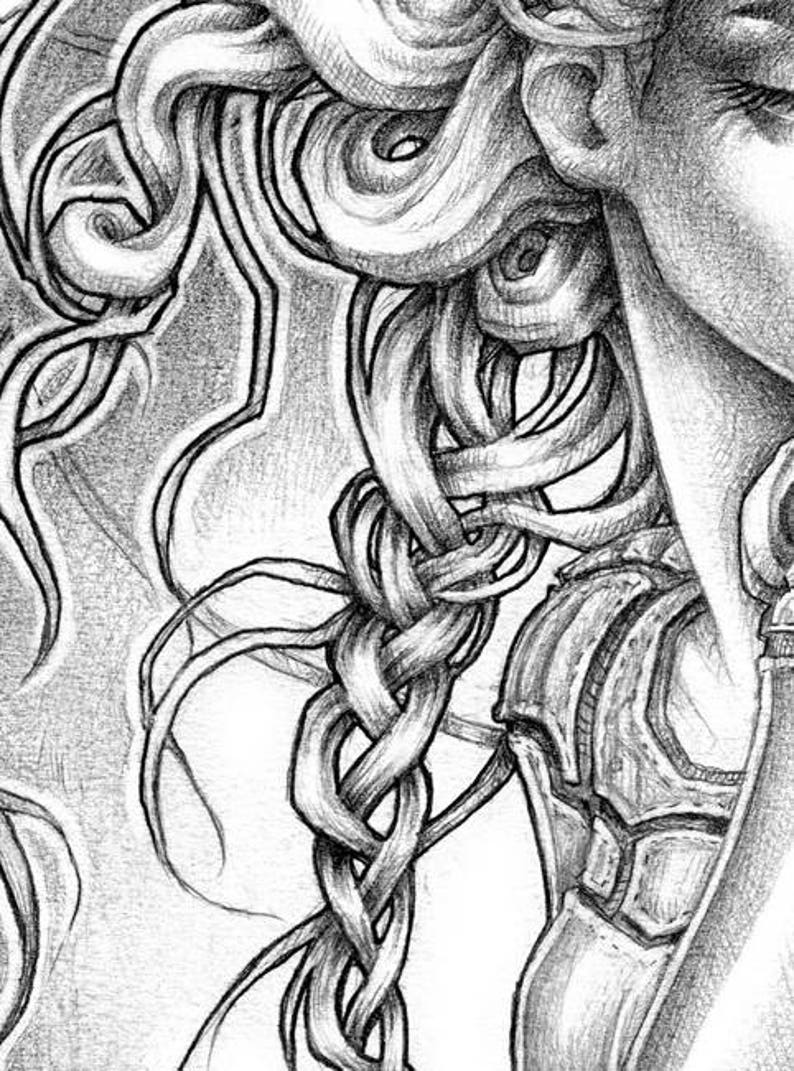 May include: A detailed pencil drawing of a woman's face and hair. The hair is long and braided, with intricate details in the braids. The woman's face is partially obscured by the hair, but her eye and ear are visible.