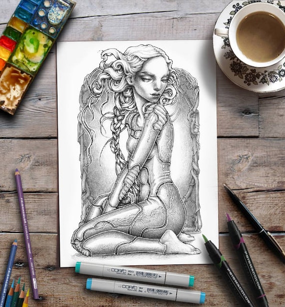 Grayscale Coloring Page | Advanced Coloring | Woman | Science Fiction Space Fantasy