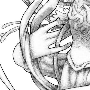 May include: A black and white pencil drawing of a person's hand reaching out from a tangle of vines.